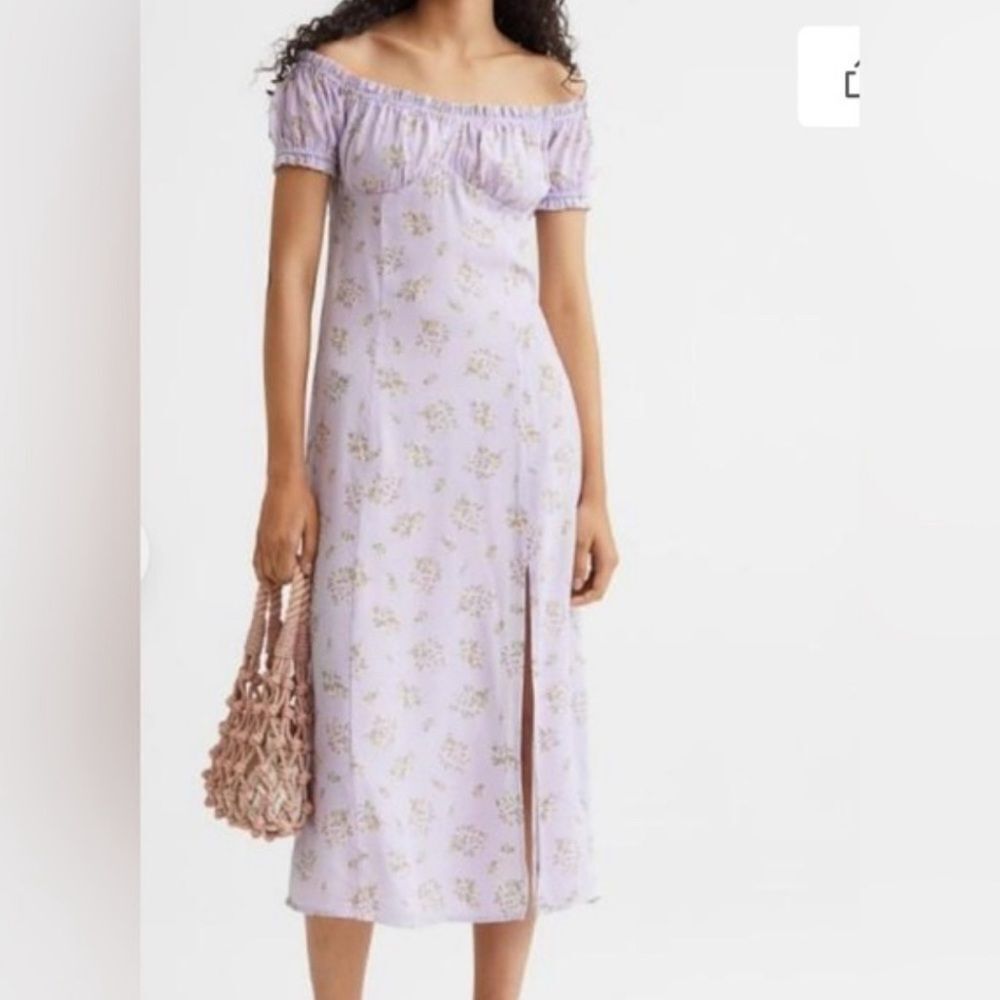 Off-Shoulder Lavender Floral Midi Dress